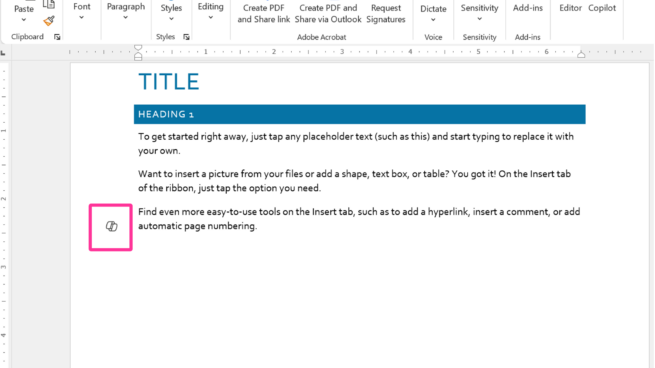 Copilot in Word draft document with Title, Heading 1 and placeholder text. Copilot’s icon appears in the document margin.