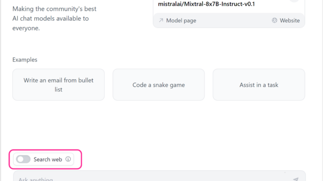 Hugging Chat’s interface showing input examples, prompt box and a switch option for search web.