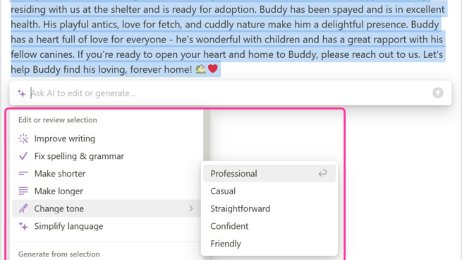 Notion showing a draft note generated by AI along with a related menu to edit or review selected text in the note. Change tone selected and Professional selected from the menu.