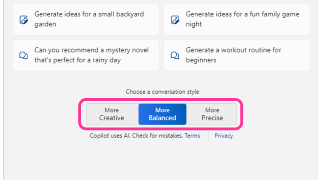 Copilot your everyday companion. Windows Copilot pane showing two controls one, work or web tab selection and two, conversation style, more creative, more balanced and more precise.
