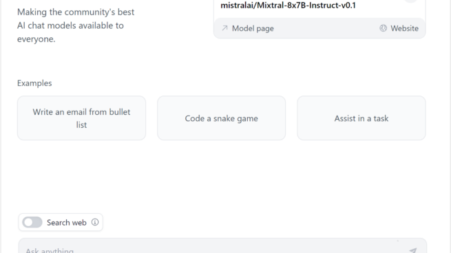 Hugging Chat’s interface showing model selection, suggested example prompts, an input prompt box and a disclaimer “Generated content may be inaccurate or false”.