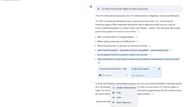 Google Gemini citing sources in its response and also aiding users in dounle-checking its response.