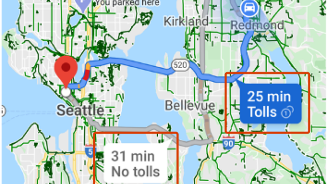 Google Maps shows time and tolls per route.