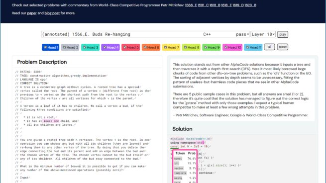 Alphacode attention visualization interface showing a a coding problem description and generated solution. Token probabilities highlighted in solution for underlined token const