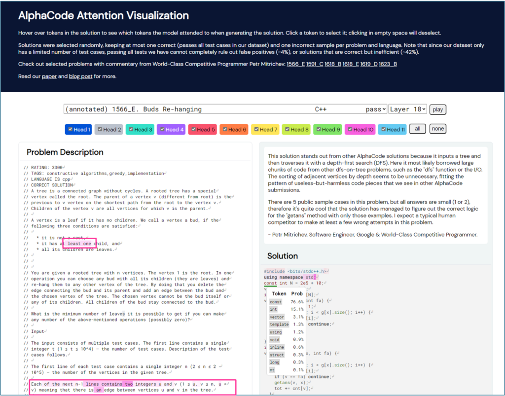 AlphaCode attention visualization interface showing a coding problem description and generated solution. Selecting the token const in solution highlighted tokens in the problem based on model’s attention to them.