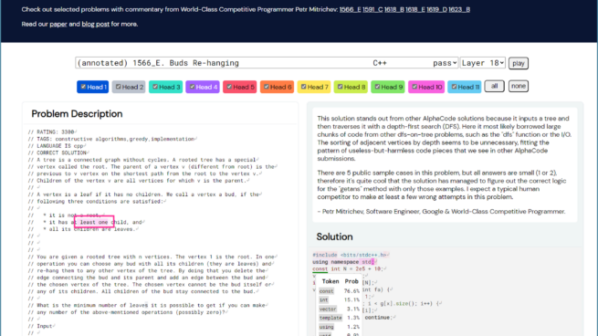 AlphaCode attention visualization interface showing a coding problem description and generated solution. Selecting the token const in solution highlighted tokens in the problem based on model’s attention to them.