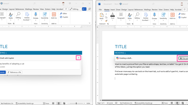 2 screen shots of Microsoft Word document with Title and and heading 1. Screenshot 1 has draft with Copilot window with an ”X” icon to dismiss it. Screenshot 2 has Copilot creating a draft with an “stop generating” button available to users.