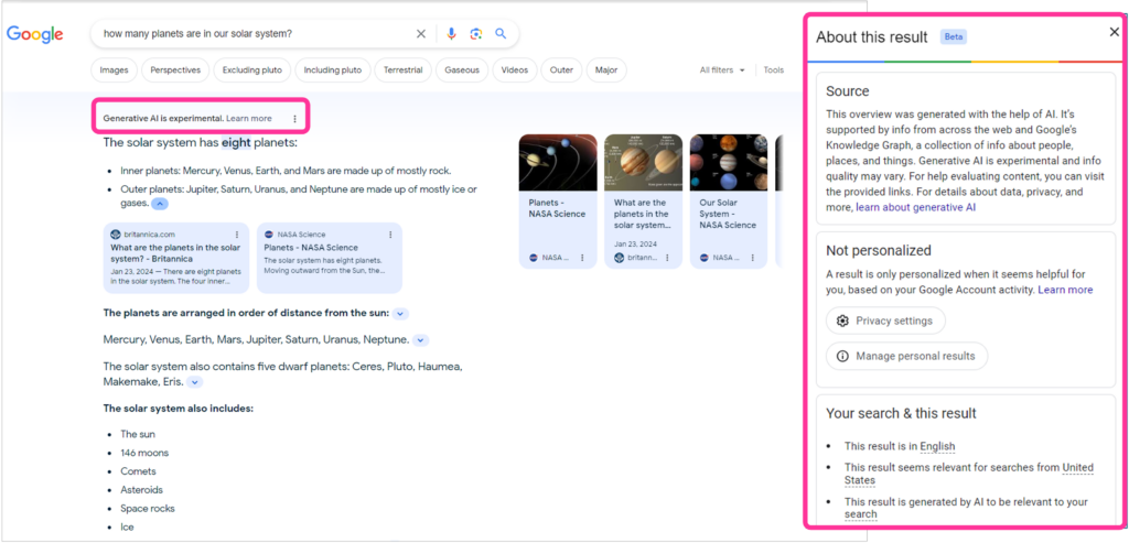 Google's generative AI search mentioning generative AI is experimental and an about this result pane that shows source, personalization and your search and this result information.
