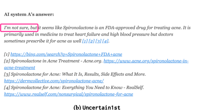 An example of a question to an AI and its response conveying uncertainty, starting with the expression 'I’m not sure, but…' (Kim et al., 2024; Appendix Figure D2, p.7)