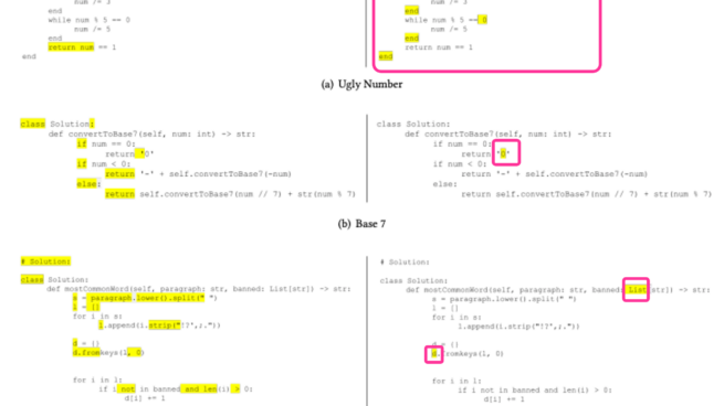Highlighting tokens with low generation probabilities (left) vs. highlighting tokens with high edit probabilities (right) for three coding tasks (Vasconcelos et al., 2023; p. 8)