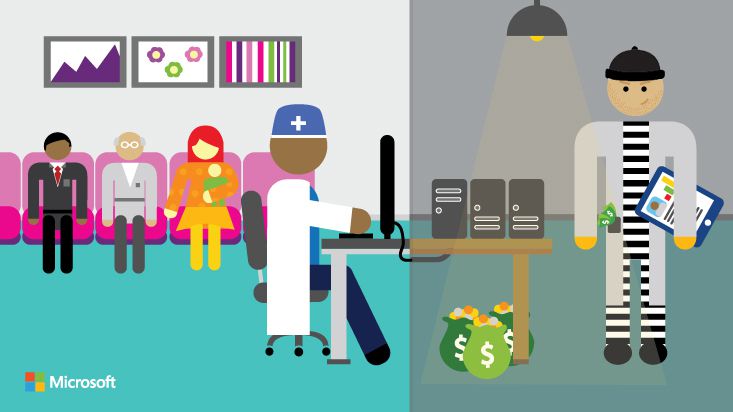 Illustration split into two scenes: on the left, a doctor works at a computer in a clinic waiting room with patients seated behind him. On the right, a thief in striped clothing stands under a spotlight holding stolen data, with bags of money and computer servers on a table, representing a data breach. 
