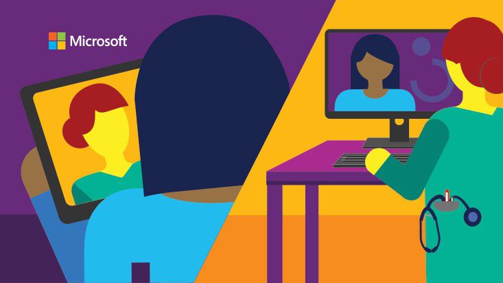 An illustration showing a healthcare worker talking online with a patient