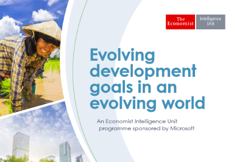 Evolving development goals in an evolving world-woman working in field- city-skyline