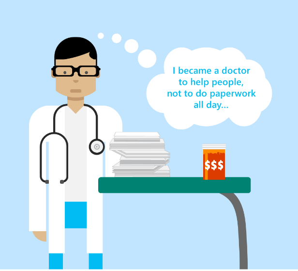 Doctor standing next to a stack of papers