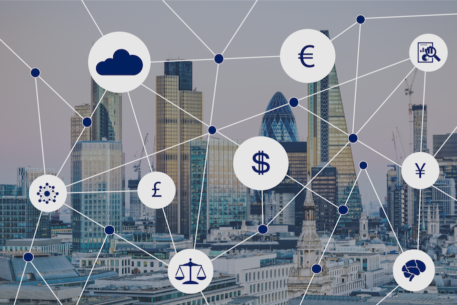 City view with different symbols standing for AI in financial institutions