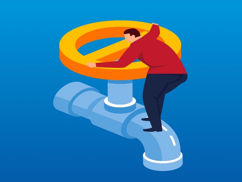 Illustration of person turning a large knob to a water spicket