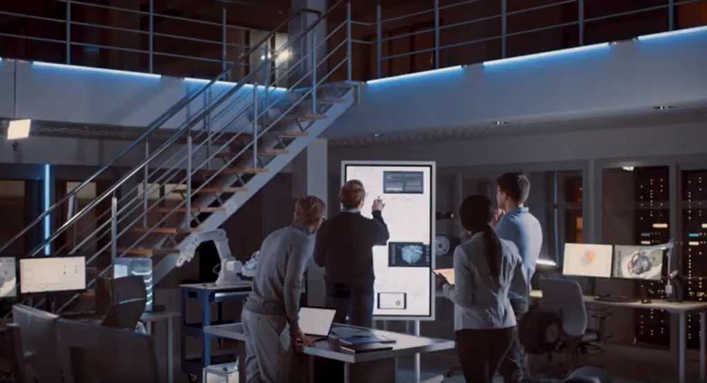Group of people in an office space looking at a large monitor