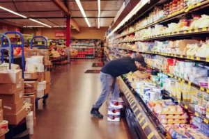 person stocking grocery store cooler shelves