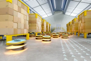 Automated robot carriers in modern distribution warehouse