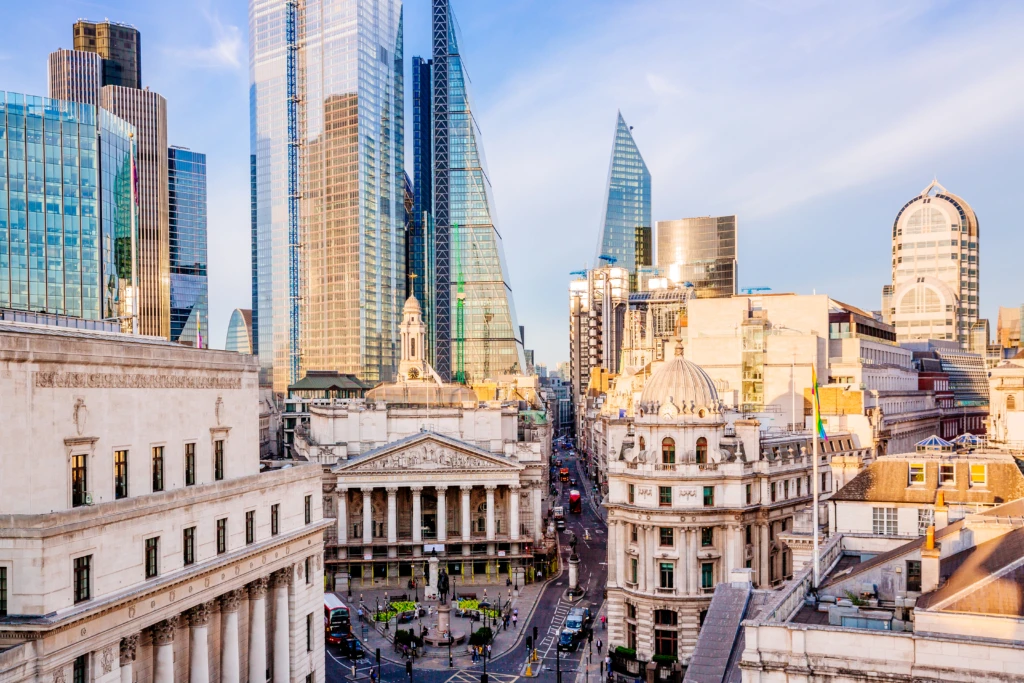 Royal Exchange building and skyscrapers of London city, high angle view, London, England, UK