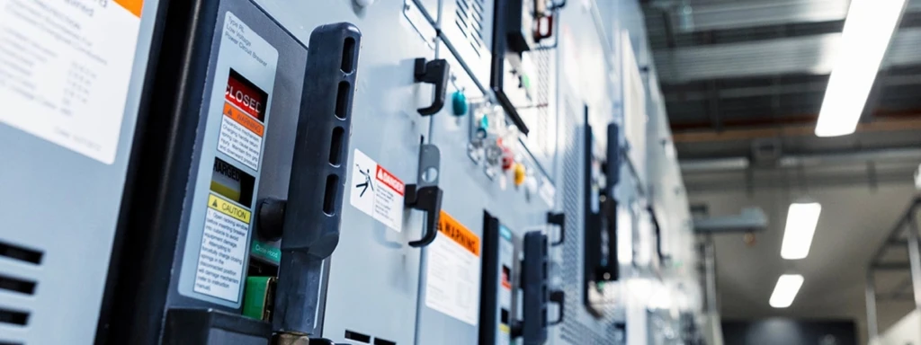 wall of battery cells with warning labels and switches