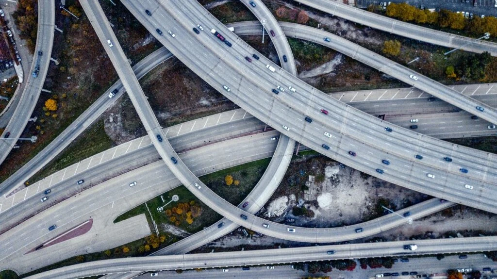 Aerial view of freeway interchange in downtown Singapore.