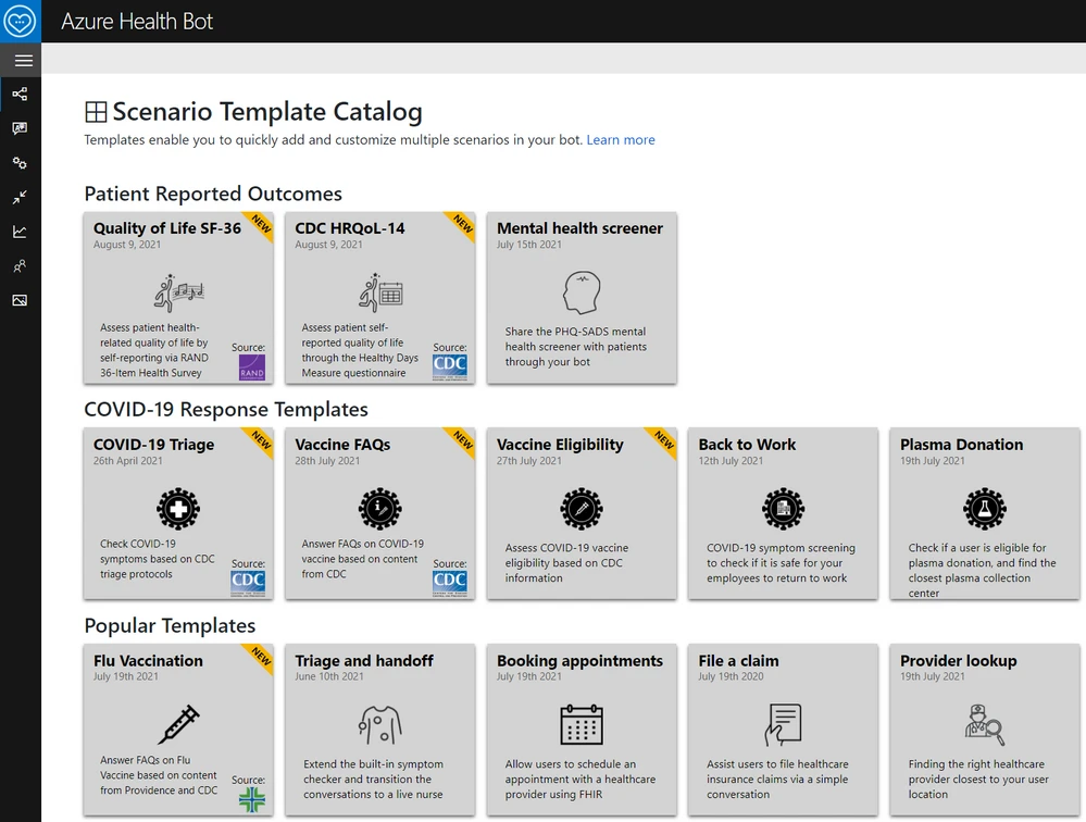 Screen capture of Azure Health Bot, Scenario Template Catalog includes Patient Reported Outcomes, Chronic Disease Management, COVID-19 Response, and other popular templates.