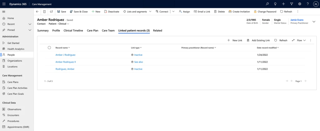 Screen capture of consolidated patient resources show in a patient record with access to linked records