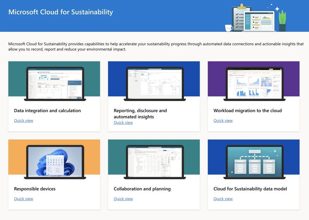 Screen capture of Microsoft Cloud for Sustainability Solution Center. Six tiles with hyperlinks illustrated: Data integration and calculation, Reporting, disclosure and automated insights, Workload migration to the cloud, Responsible devices, Collaboration and planning, and Cloud for Sustainability data model