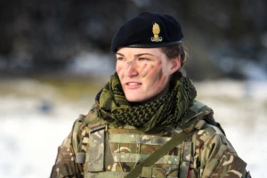 Lt George from the Royal Engineers, a corps of the British Army, speaks to a colleague as she takes part in pre-exercise integration training on October 25, 2018 in Telneset, Norway. Over 40,000 participants from 31 nations will take part in the exercise to test inter-operability between forces, and is the largest exercise of its kind to be held in Norway since the 1980s.