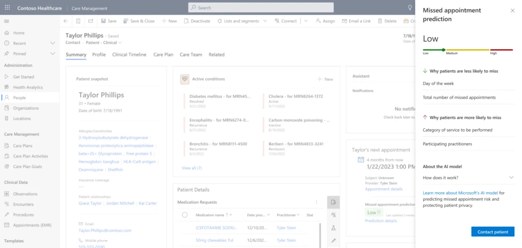 Screen capture of Missed appointment prediction for a patient shows the reasoning behind why a patient is at risk and provides an option to contact the patient directly. 