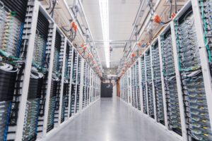 Cold aisle view racks of compute & storage servers