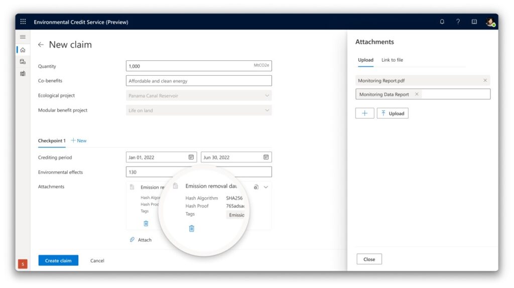 The dashboard to create a new claim on Environmental Credit Service.