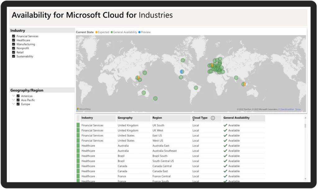 Screen capture of Microsoft Cloud for industries availability by country and cloud. Image shows a world map with indications of where each industry is available in the Americas, Asia/Pacific, and Europe.