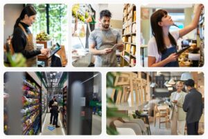 Store associates with devices, and an interior shot of a Zabka Nano store.