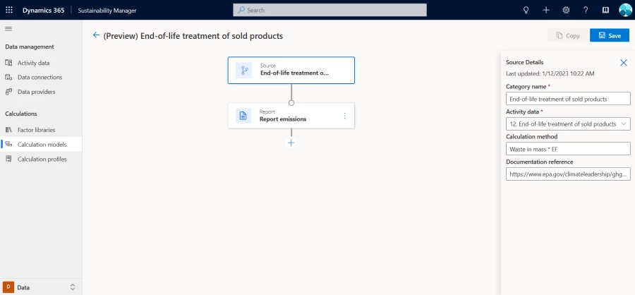 User interface image showing product end-of-life activity emissions tracking in Microsoft Sustainability Manager