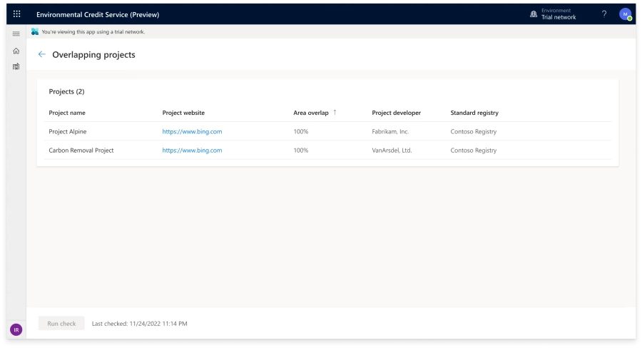 User interface image showing an overlapping projects checkpoint in Environmental Credit Service