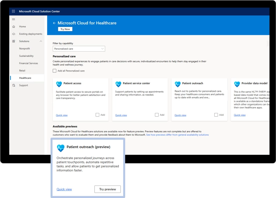 Screen shot of Microsoft Cloud for Healthcare Solution center in the personalized care section. Patient outreach preview is highlighted on the bottom lower left of the screen. 