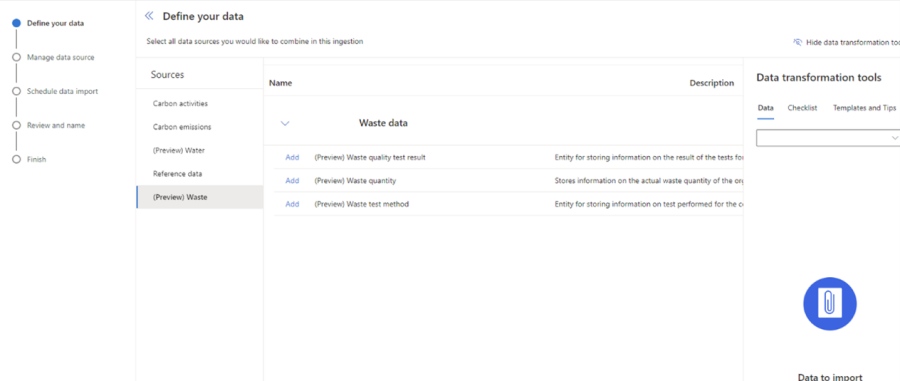Screenshot of Waste data management in Microsoft Sustainability Manager.