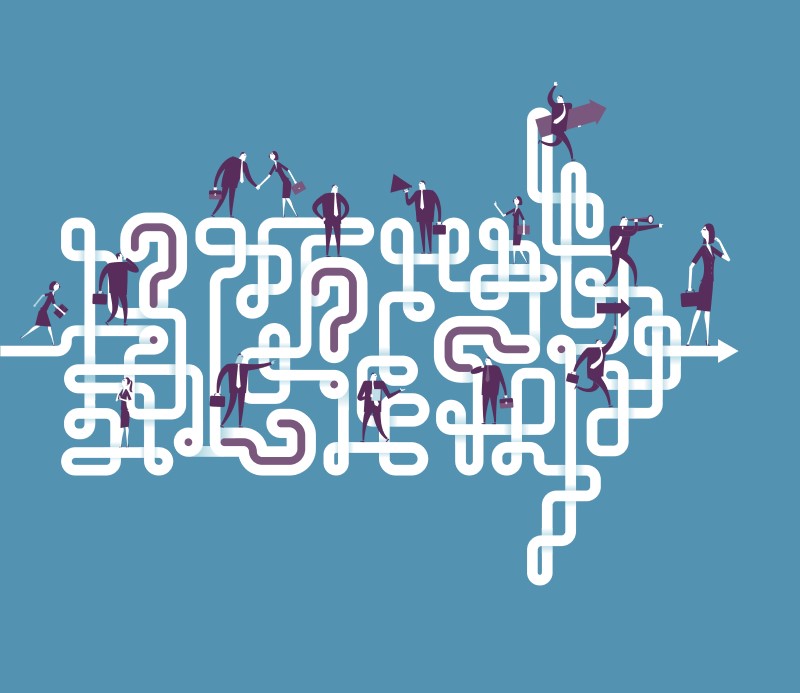 Illustration of multiple people connecting along pathways and an arrow indicating progress