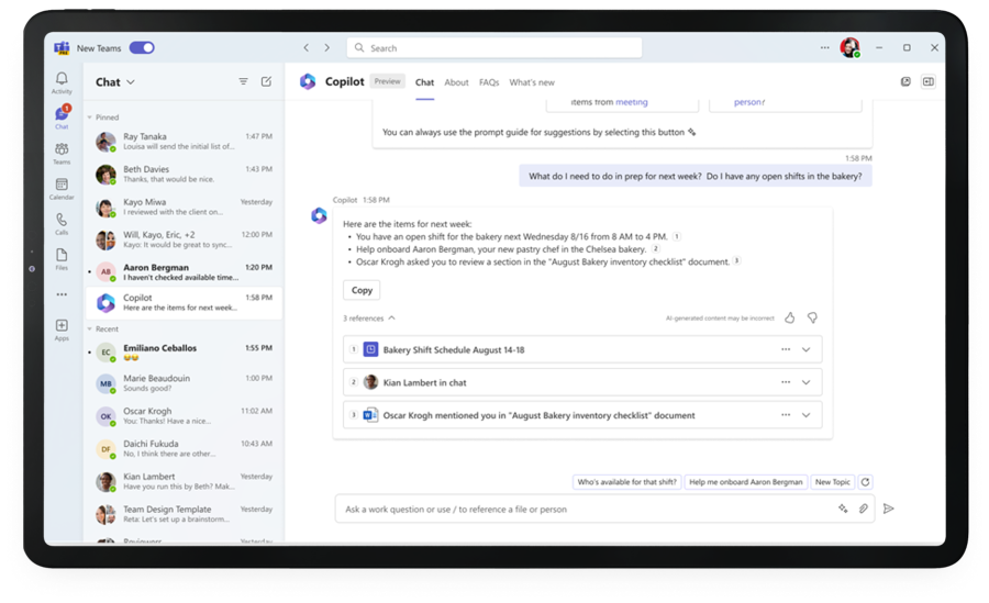 Tablet device showing a user using the Shifts plug-in for Microsoft 365 Copilot in Teams to figure out what they need to prepare for their open shifts next week.