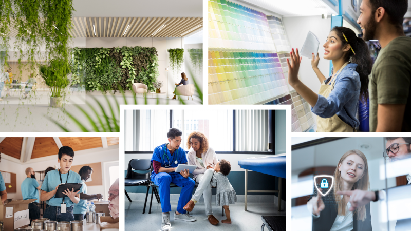 Collage of images representing several industries: sustainability, retail, sovereignty, healthcare, and non-profit.