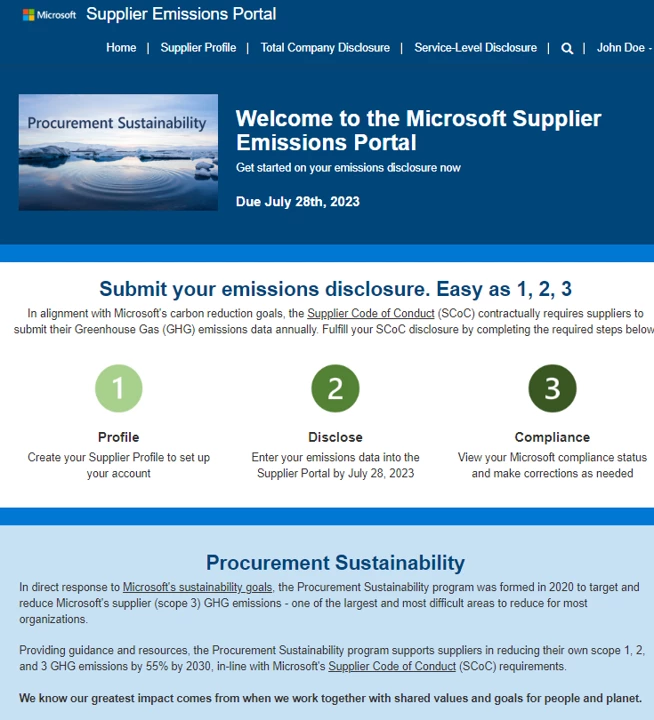 Webpage of the Microsoft Supplier Emissions Portal, with links to other pages on the site and information on the process to submit emissions disclosure for your company.