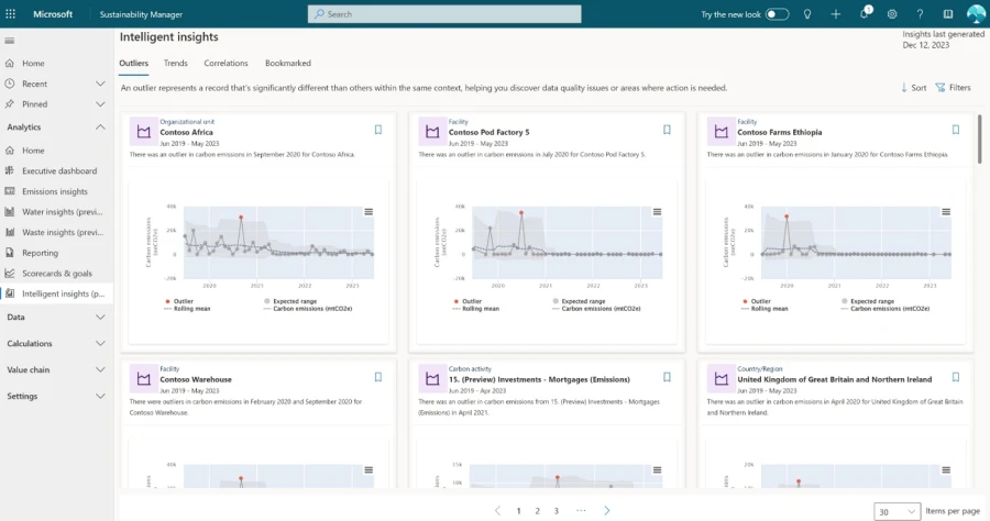 Screenshot of Intelligent insights in Sustainability Manager.