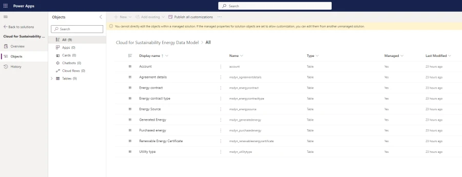 Screenshot of the energy data model in Microsoft Cloud for Sustainability.