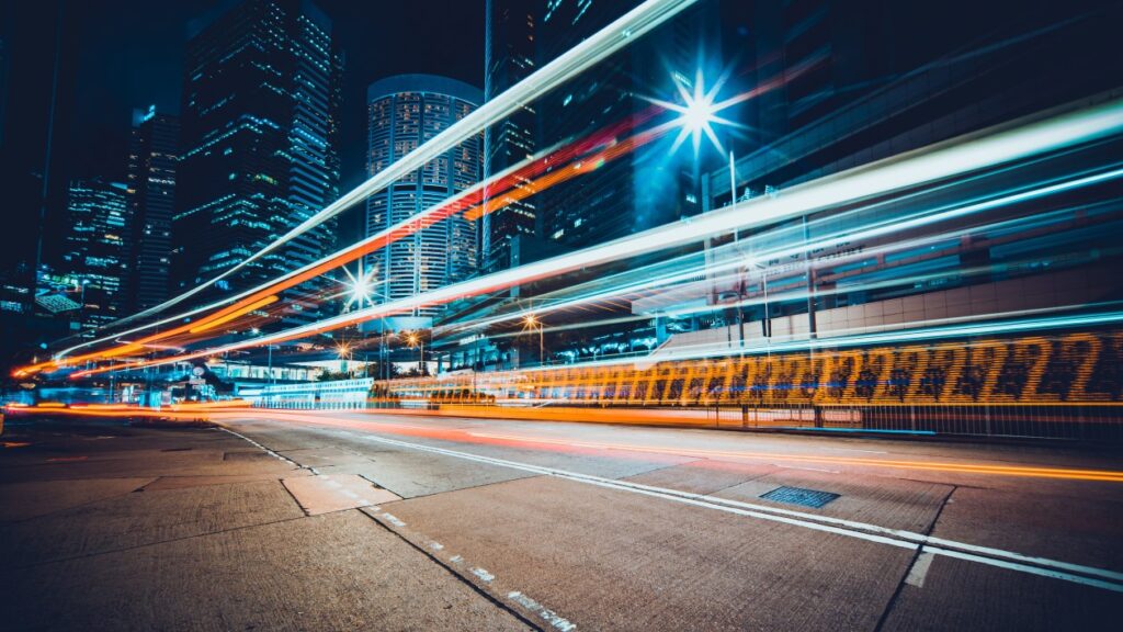 A picture of a city street at night