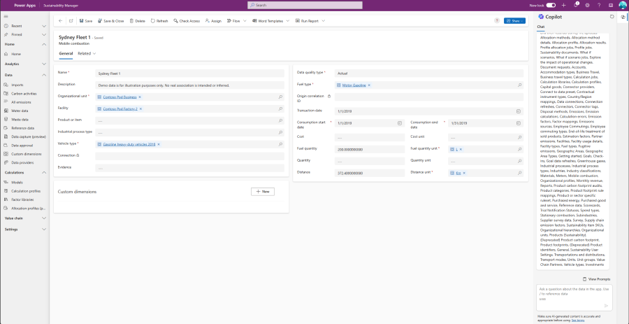 Screenshot showing how the activity to emissions traceability feature within Microsoft Sustainability Manager can help you gain insights and generate more accurate sustainability reports.