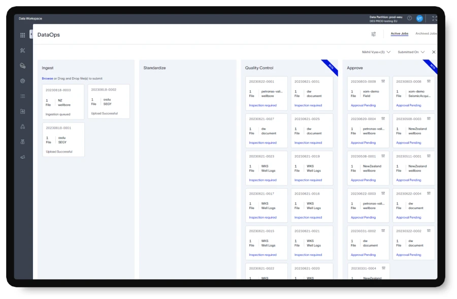 DataOps screen allows user to select between active and archived jobs. Active jobs tab is selected in this view. Ingest, Standardize, Quality Control and jobs needing approval are seen on the screen.  