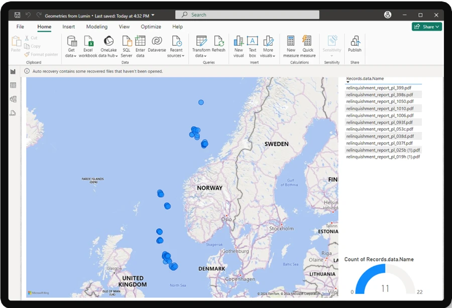 A view of map and Power BI user interface