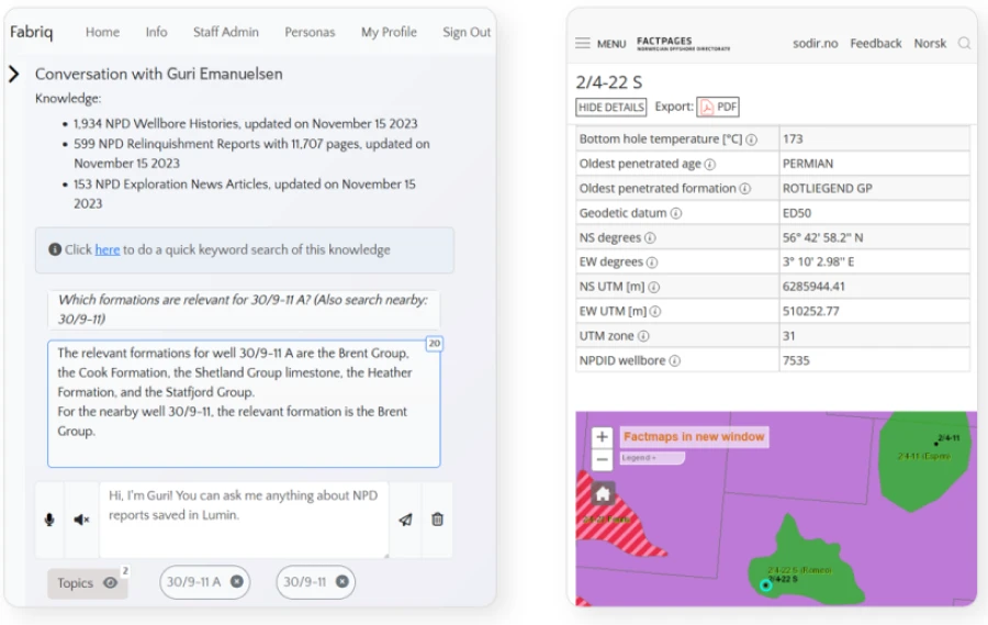 Two views of Fabriq user interfaces. On the left a view of the conversation with the AI persona bringing back results on the wellbore named Romeo. On the right, a link and map to more information about the wellbore.